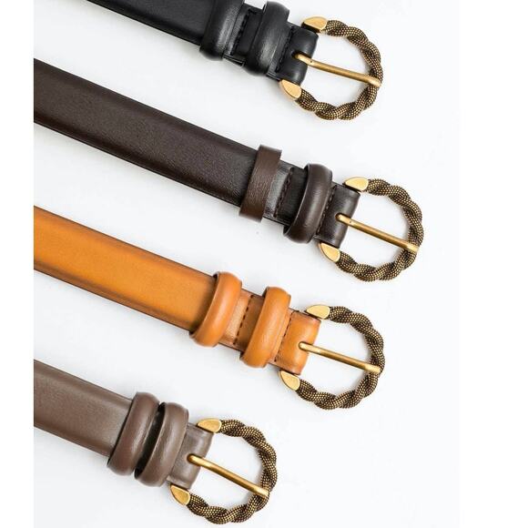 Two Tone Twisted Buckle Classic Leather Belt Brown - Picture 5 of 5